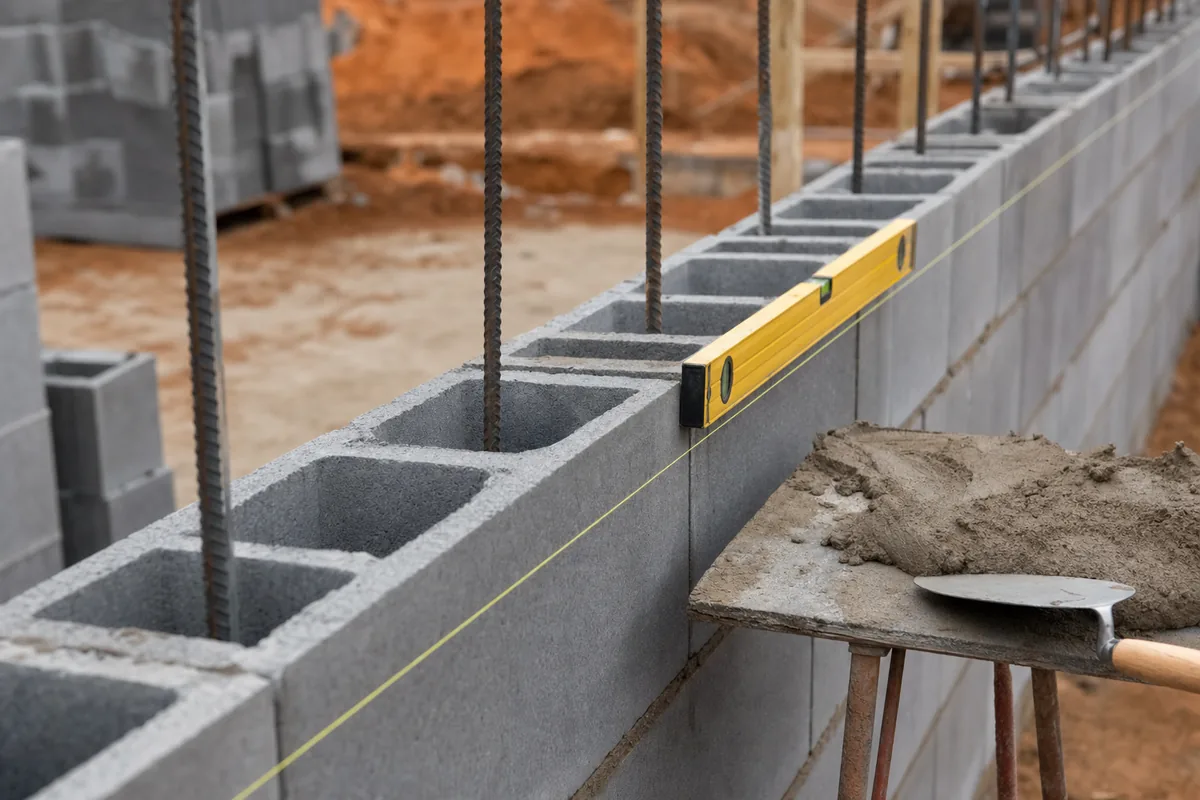 Concrete blockwork wall with vertical reinforcement bars protruding from open cores ready for core filling.
