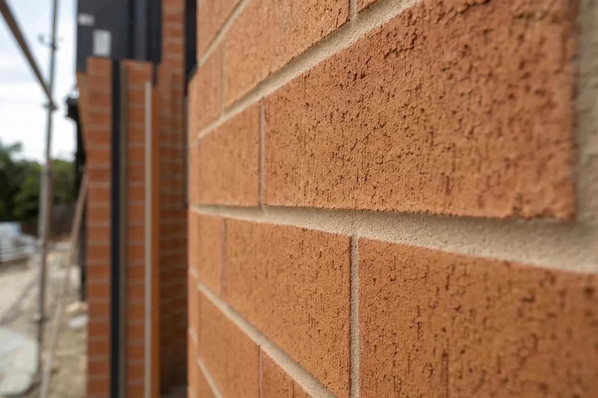 Close-up of finished terracotta face brickwork with neat ironed mortar joints.