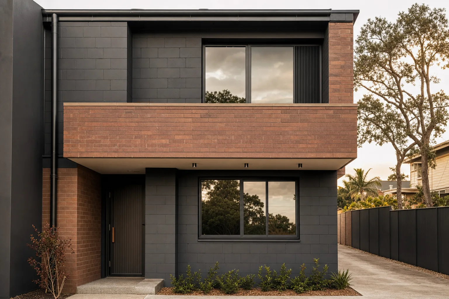 Completed two storey masonry facade with terracotta face brick banding and charcoal rendered blockwork.