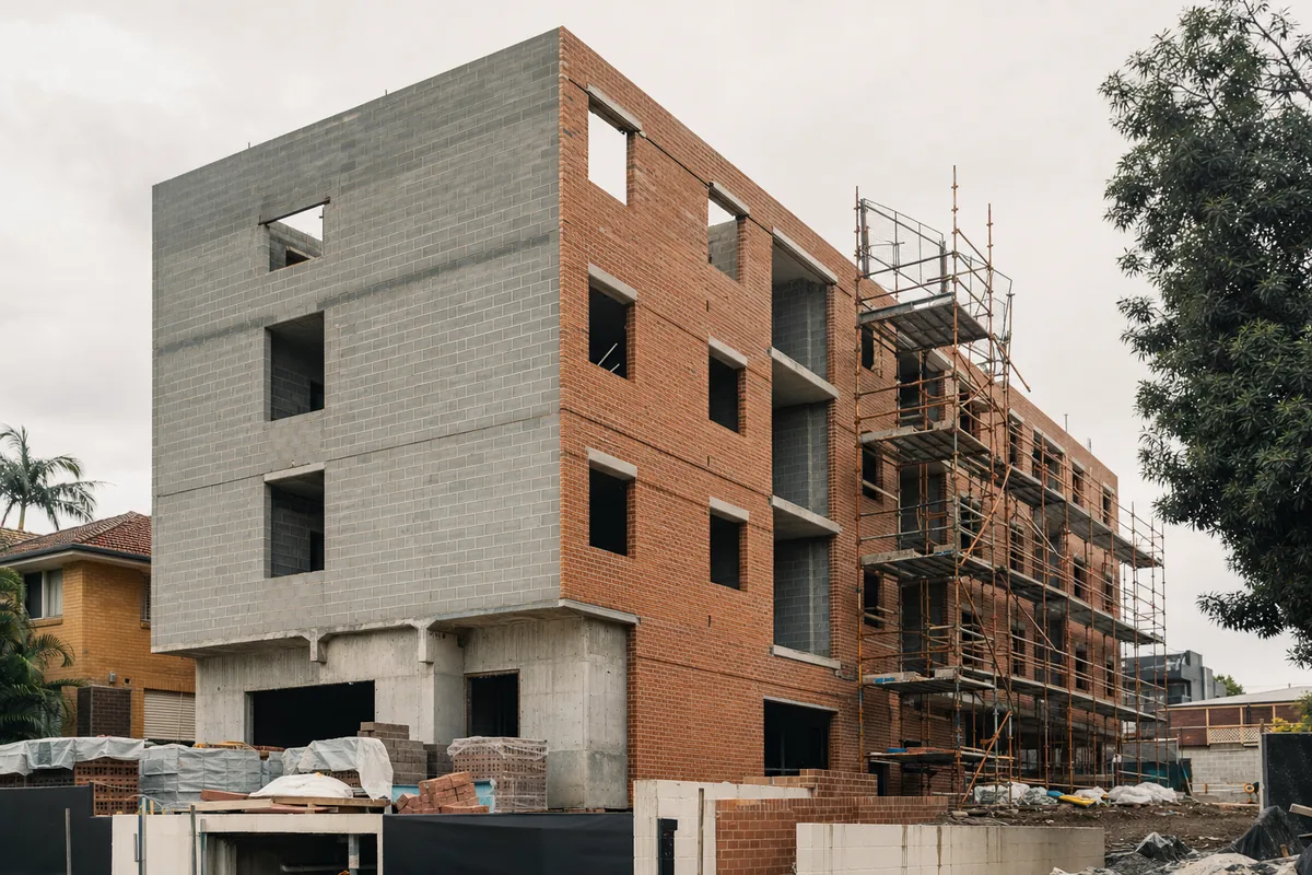 Four storey walk-up apartment building under construction with blockwork party walls and brick skin.