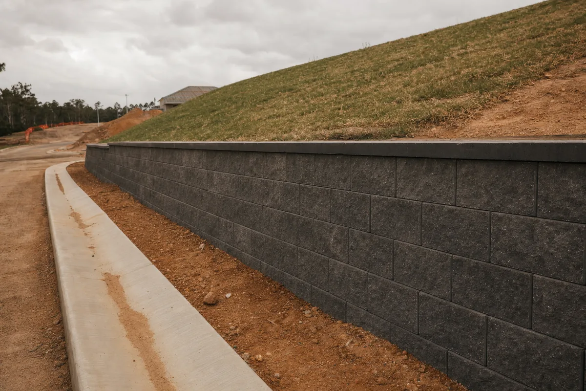 Long reinforced block retaining wall with capping course along a new subdivision road.