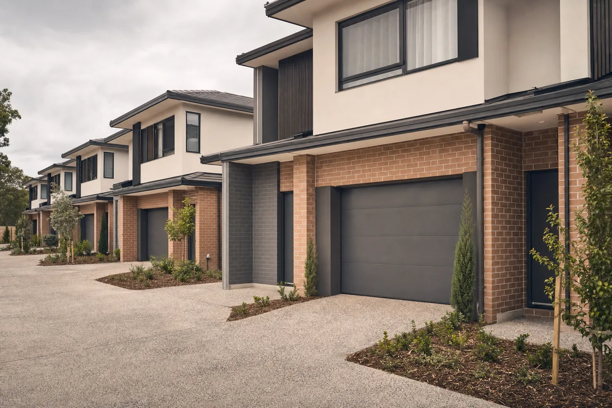 Row of newly completed two storey medium density townhouses with brick lower level.
