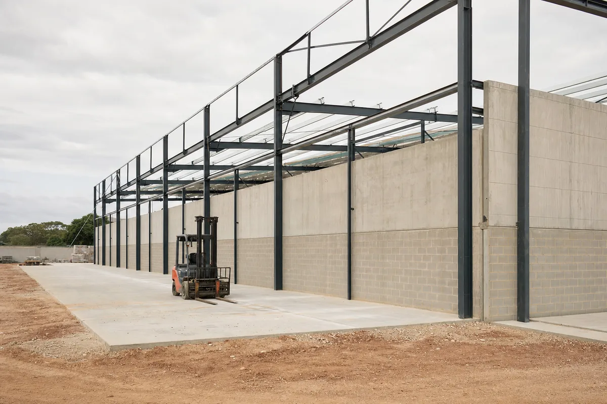 Industrial warehouse under construction with tall concrete blockwork dado wall and steel portal frame.