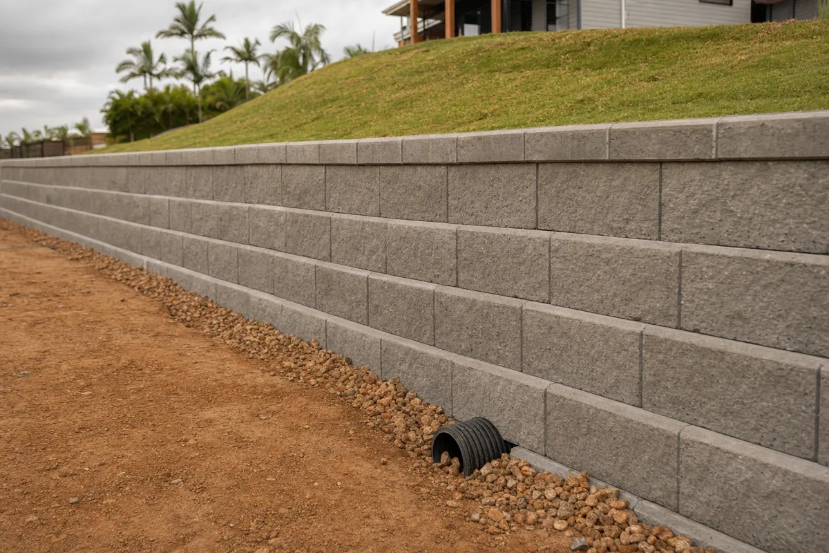 Completed reinforced block retaining wall with capping and drainage on a Queensland civil site.