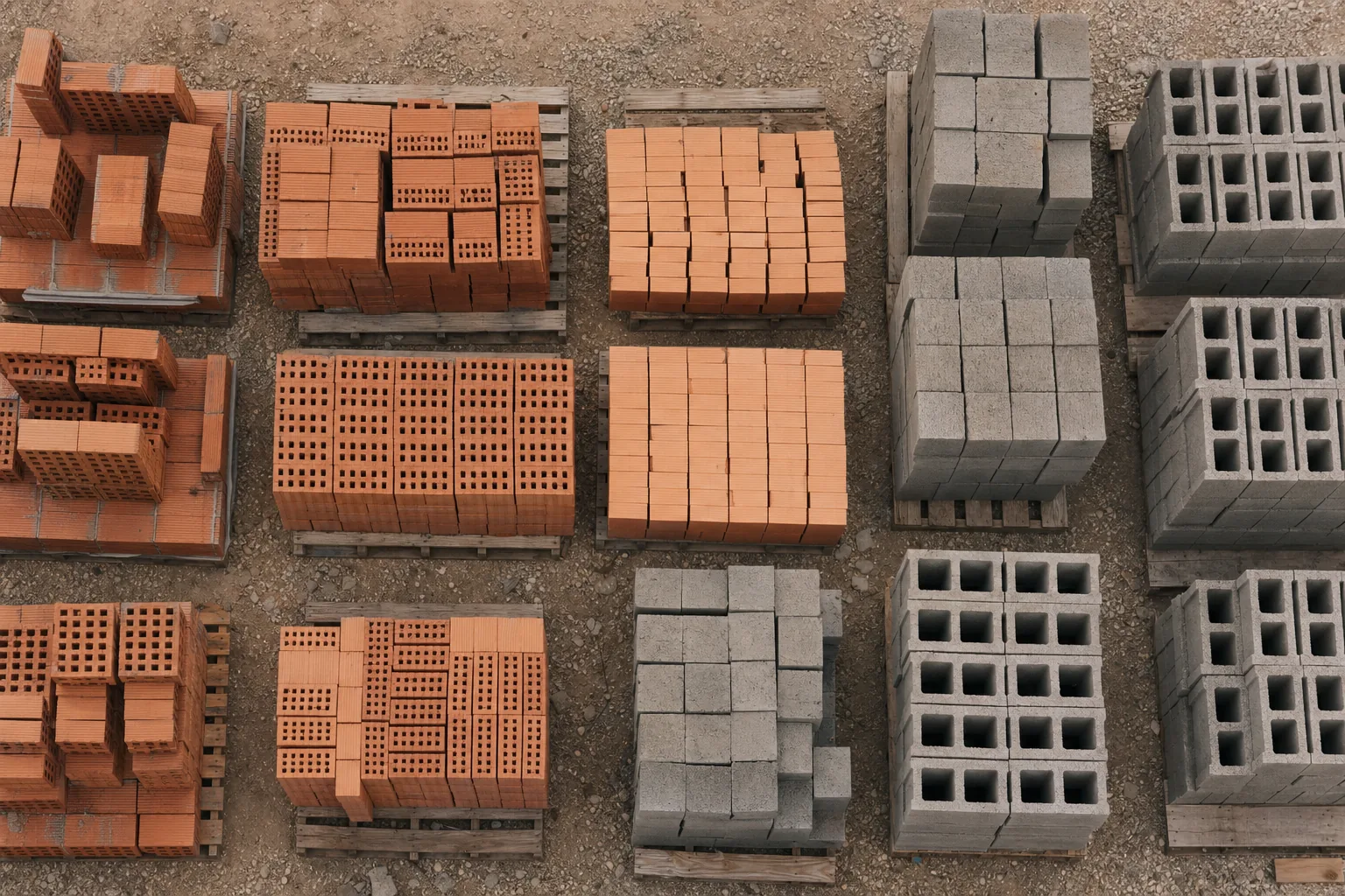 Overhead view of stacked terracotta bricks and concrete blocks on pallets.