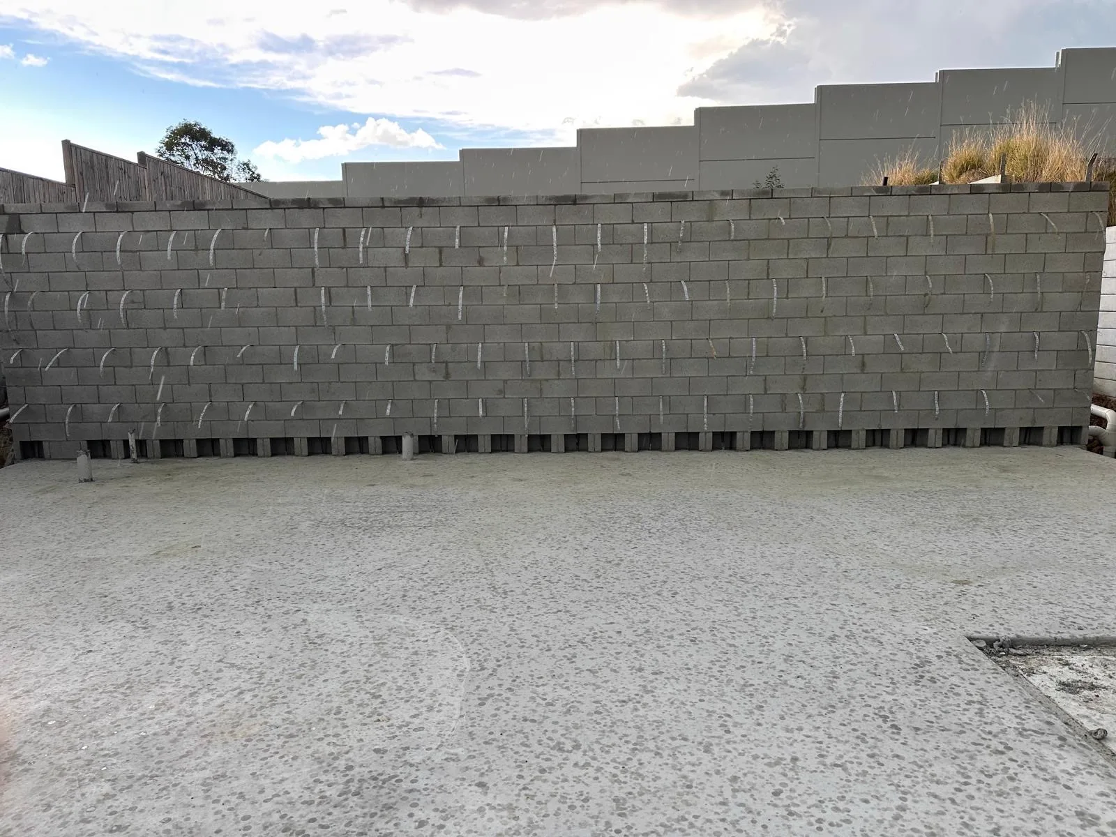 Core-filled 190 series concrete blockwork boundary wall built to a residential slab, with cores marked and starter bars set.